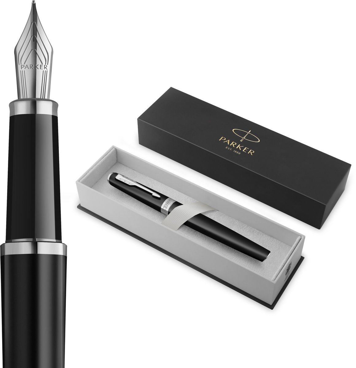 Parker Meridian Vulpen | Matte zwarte lak met chromen afwerkingen | Fijne penpunt | Handschriftpennen & Schrijfwaren | Blauwe inkt | Luxe Cadeaudoos