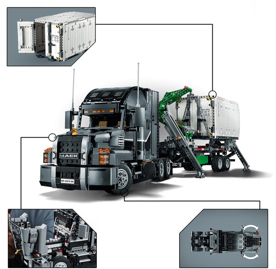 LEGO Technic Mack Anthem truck met witte container en groene kraan. Inzet: container los, detail onderkant truck.