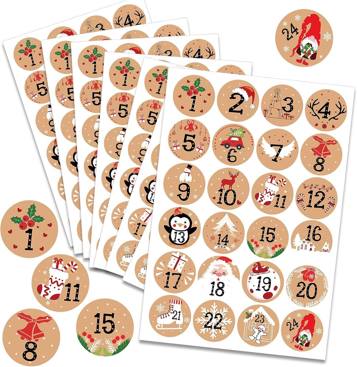 Adventskalender Stickers met Cijfers 1-24, 192 Stuks Kraft Stickers voor Kerst, DIY Kalenders en Creatieve Projecten, Zelfklevende Figuren en Papieren Zaklabels