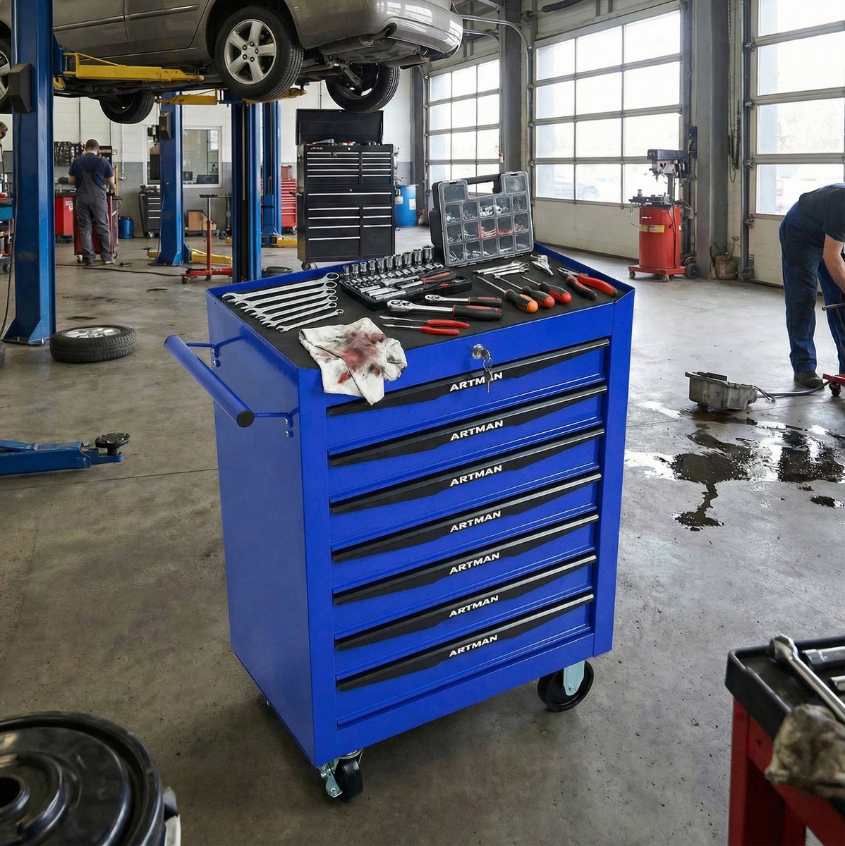 MODFU - Gereedschapskast - Zeven Lades - Met Slot - Met Wielen - Staal - Zwart Blauw
