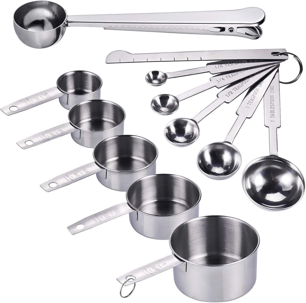 Set van 12 RVS Maatbekers en Maatlepels met Meetlat, Perfect voor Bakken en Koken van Vloeistoffen en Droge Ingrediënten
