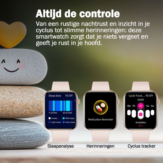 Drie gouden smartwatches met roze band, elk met een andere display: slaapanalyse, medicijnherinnering en cyclus tracker.
