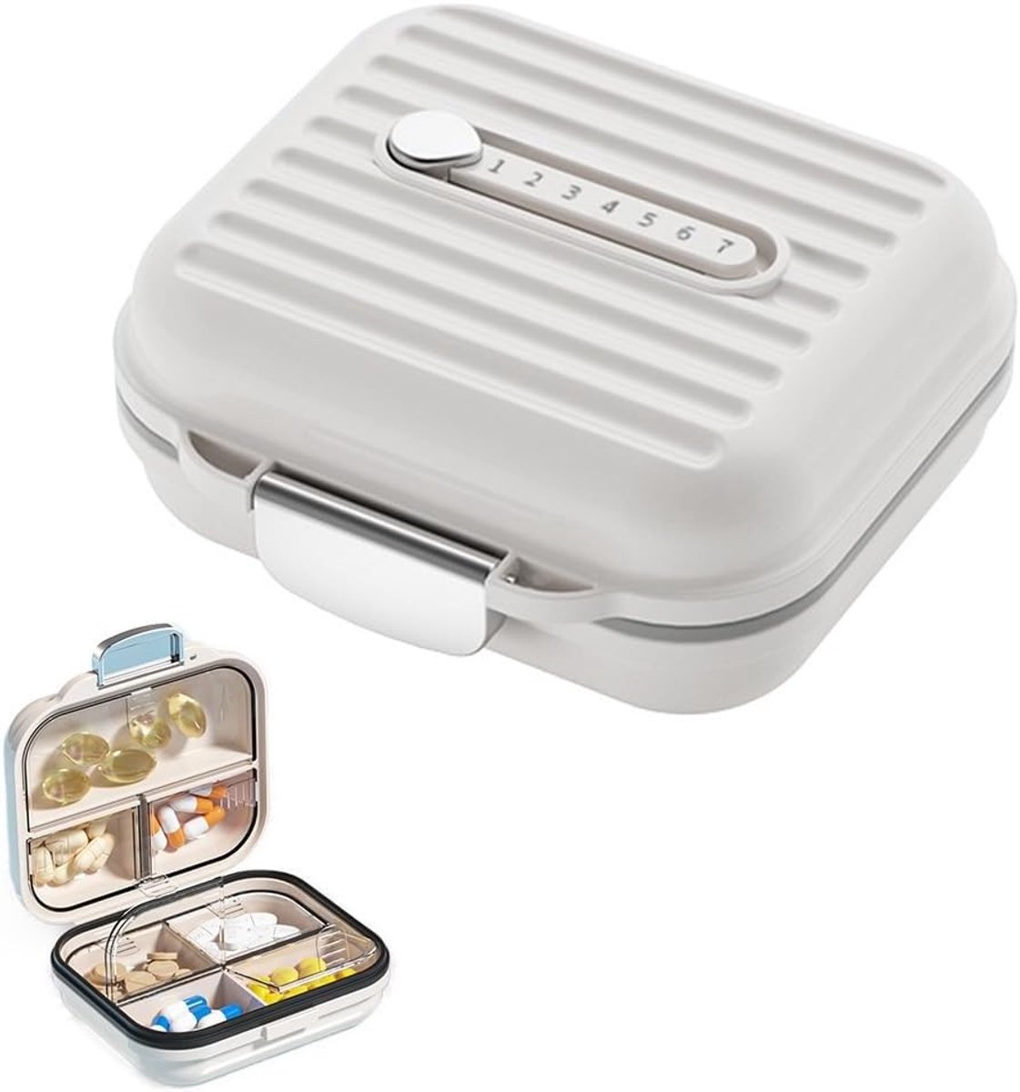Draagbare medicijnorganizer met 7 vakken voor op reis, pillendoos voor medicijnen, compact en handig 7,8 x 7,1 x 3,5 cm, wit