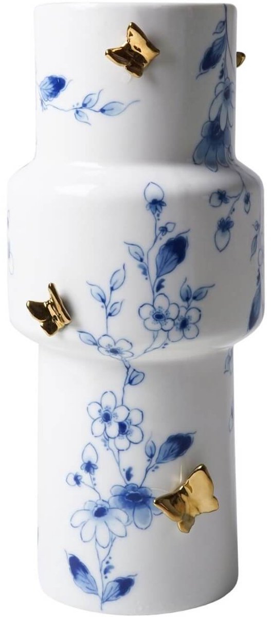 Heinen Delfts Blauw Vaas Cilinder 3D Vlinders - Vlindergoud - Keramiek - 25 cm