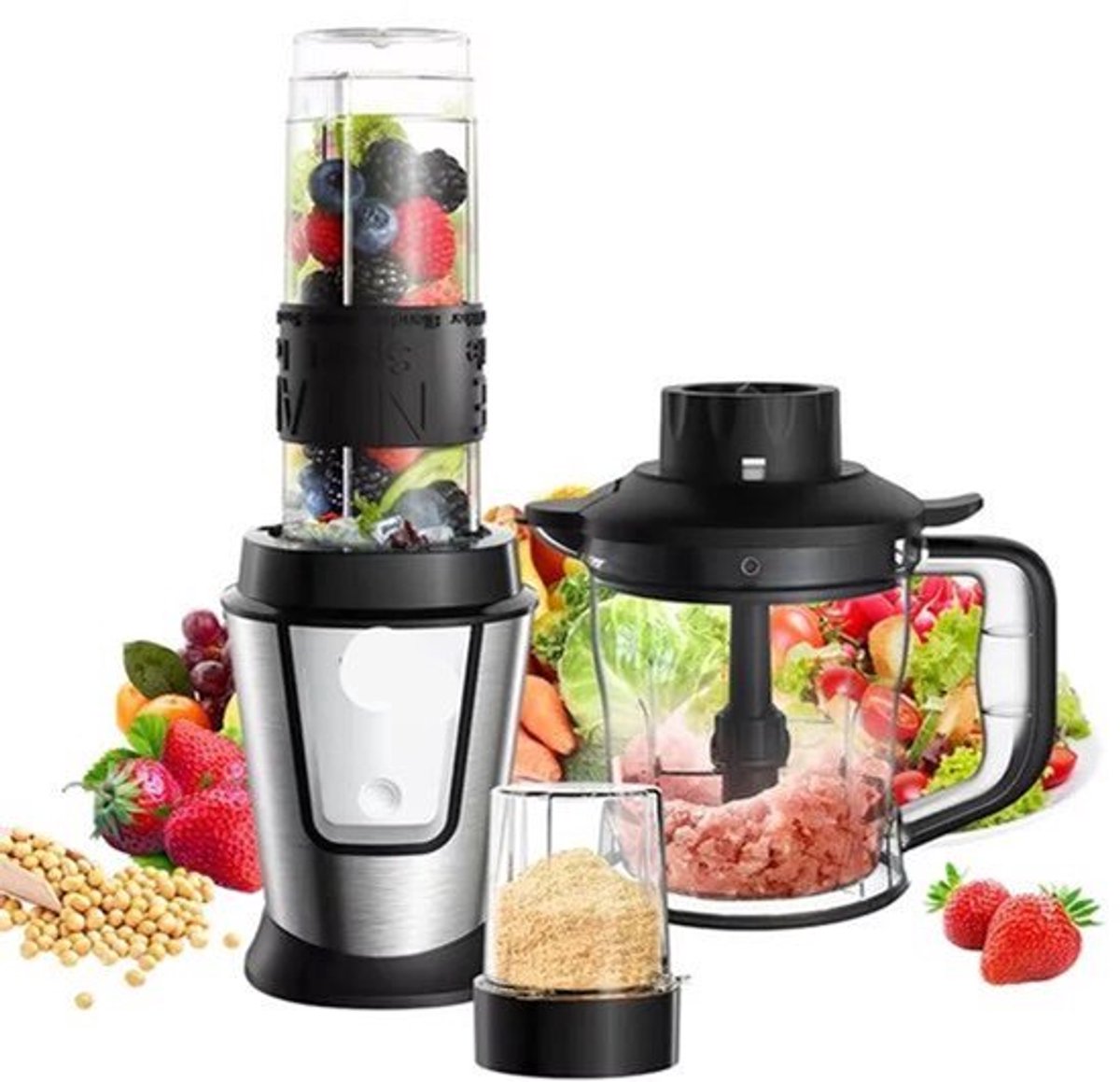 Multifunctionele Keukenmachine - 3-in-1 - Foodprocessor - Blender - 700W - Smoothie Maker - Hakmolen - Droogmolen - Roestvrij Staal - BPA-vrije Fles - 24.000 RPM