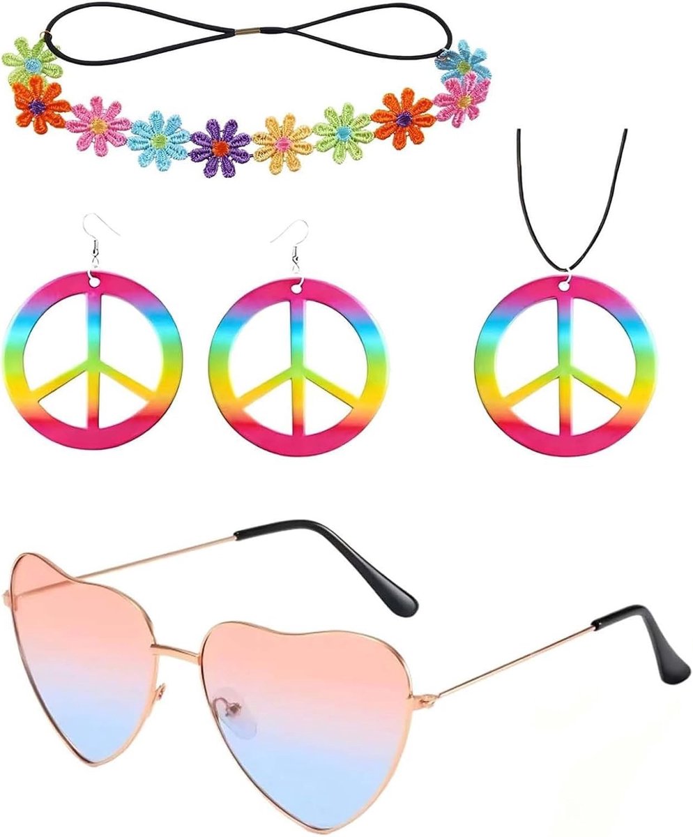 Retro Kostuum Set voor Dames en Heren - 4-delige Accessoires voor 60s Themafeesten met Bloemen Haarband, Roze Vredesketting, Ronde Zonnebril en Oorbellen - Ideaal voor Verkleedpartijen en Festivals