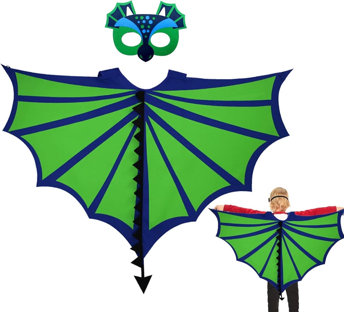 Dinosauruskostuum voor Kinderen met Vleugels en Masker voor Halloween en Verkleedfeest, Geschikt voor Jongens van 3-9 Jaar (Groen)