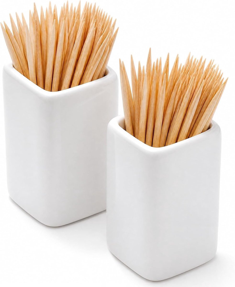 Set van 2 vierkante keramische prikkershouders met 200 tandenstokers, stijlvol en eenvoudig schoon te maken, perfect voor keuken en eettafeldecoratie