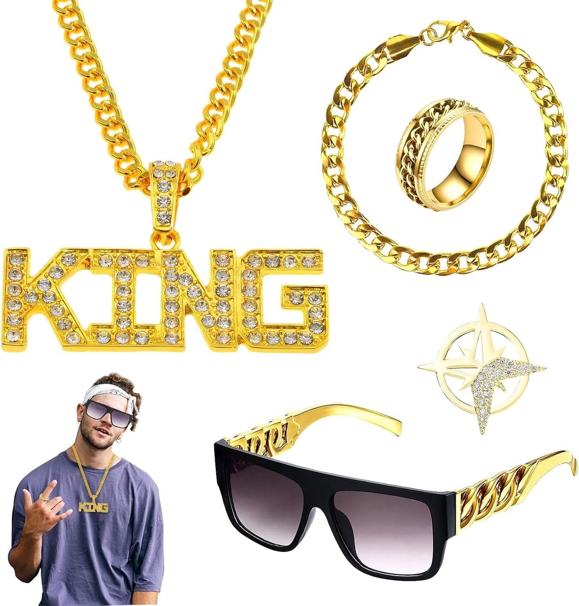 Complete Hip Hop Sieraden Set voor Themapartijen en Carnavalskostuums - Inclusief Gouden Ketting, Dollar Ketting en Rapper Kostuum Accessoires voor 80s en 90s Feesten