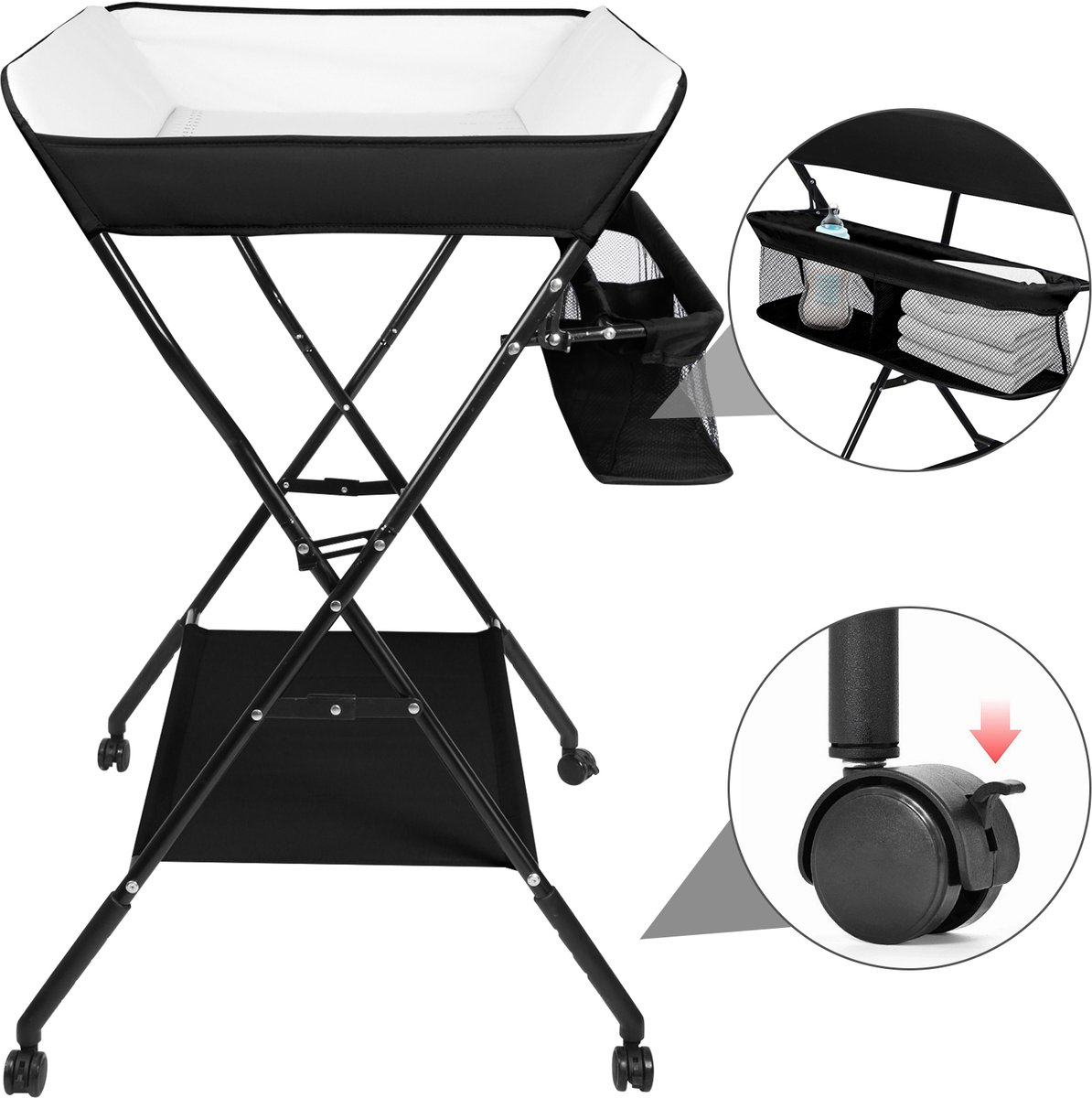 PIPIPOXER Luiertafel opvouwbaar - Met wielen waterdicht- Vrijstaande Verschoontafe- Afneembare Zij-Caddy - PVC - Verstelbare Hoogte - Verzorgingstafel - Opvouwbare & Mobiele commode- zwart
