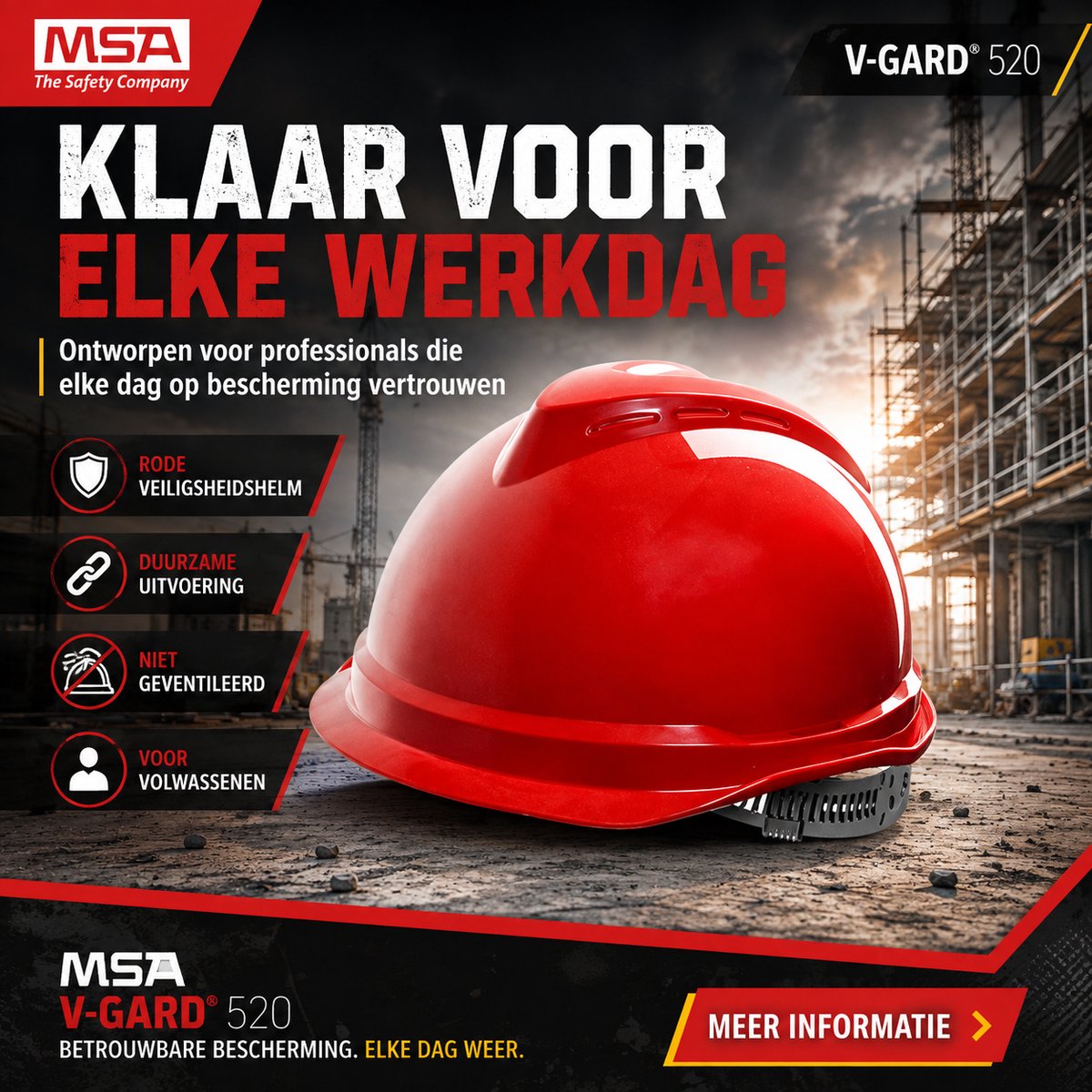 MSA V-Gard 520 Veiligheidshelm Rood - Werk Helm met Push-key Binnenwerk - Bouwhelm Volwassenen - EN397 Gecertificeerd - Niet Geventileerd
