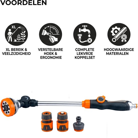 Een oranje en zwarte sproeikop, spuitlans en koppelstukken voor tuinslang, met vier iconen die de voordelen aangeven.