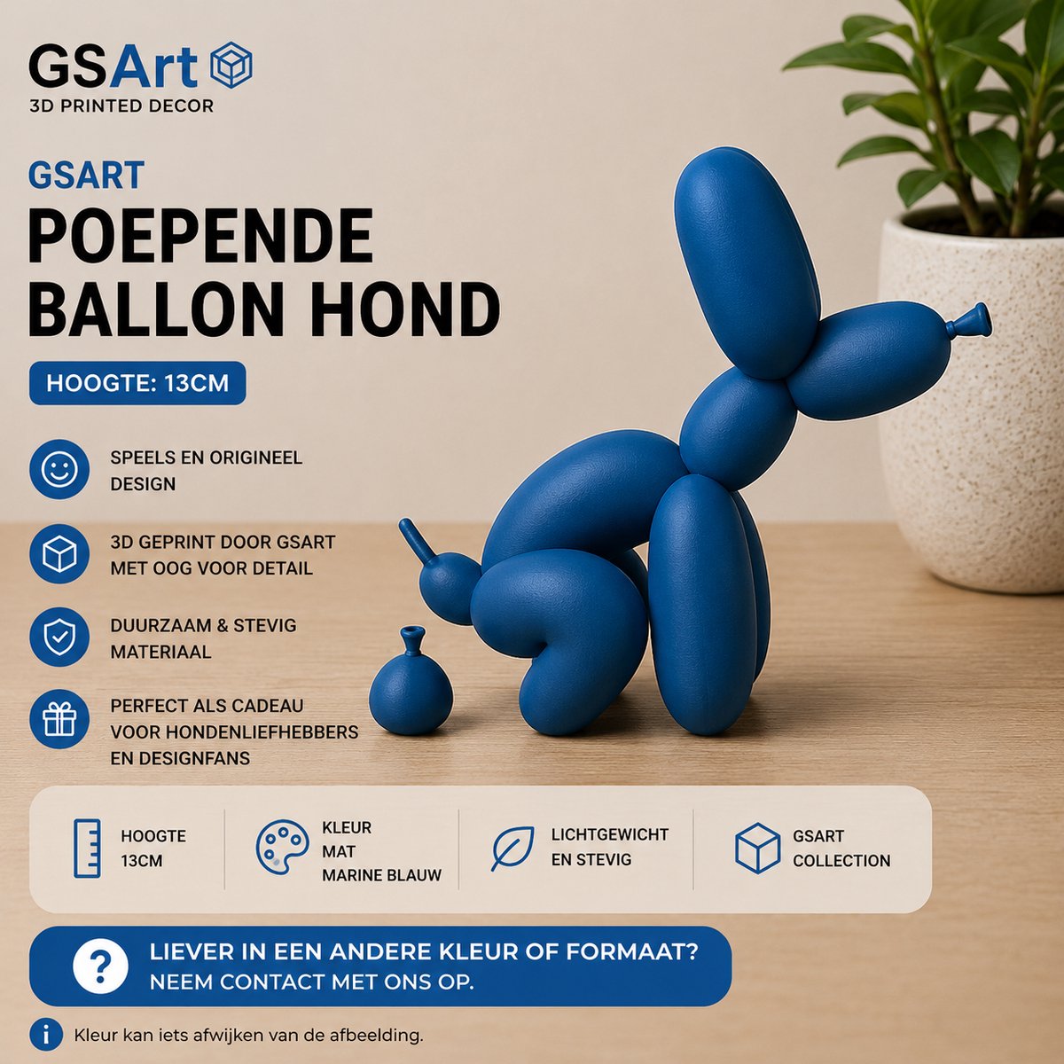 GSArt Decoratief Beeld Poepende Ballon Hond – Grappige Woondecoratie - 13cm Mat Marineblauw