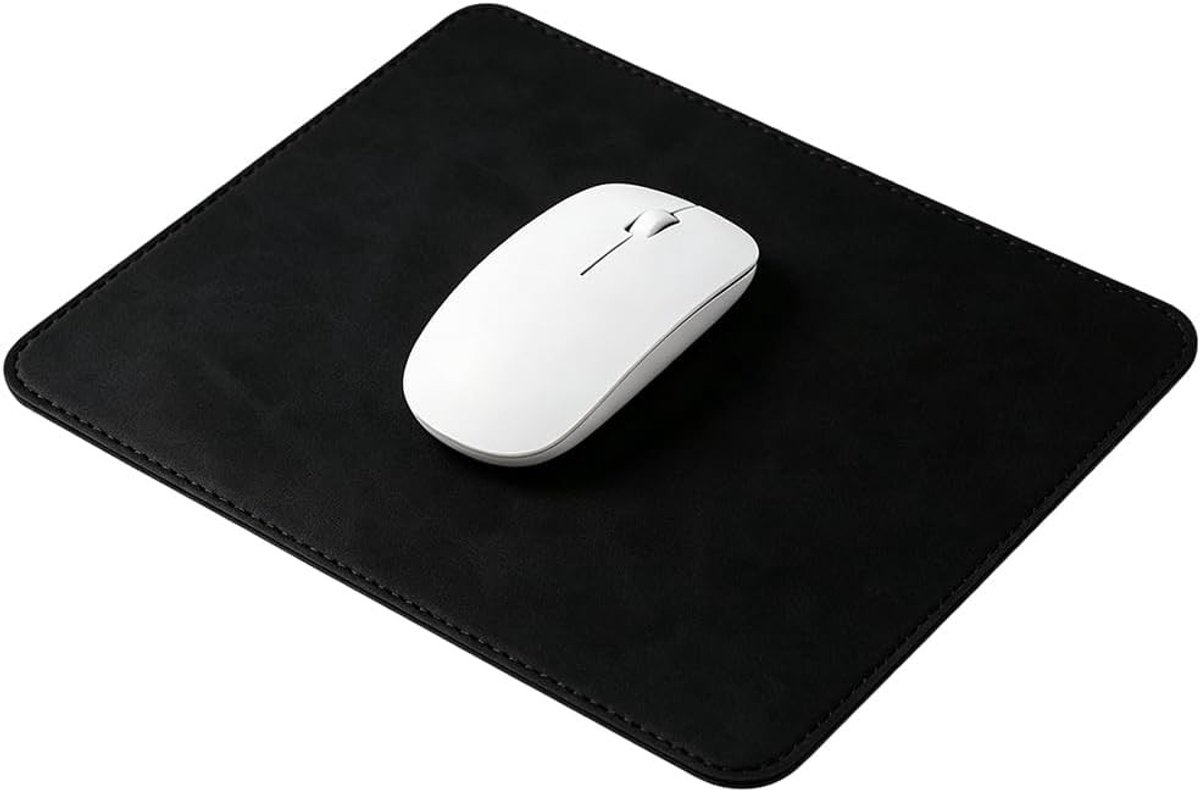 Waterdichte rechthoekige muismat van zwart leer met antislip kurken basis voor kantoor en gaming, 10x21cm