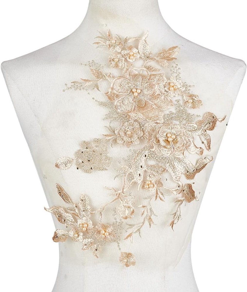 Lichtgouden Bloem Lace Applicaties 3D Bloem Borduurwerk met Parels voor Bruidsjurk, Kostuum en Creatieve DIY Projecten