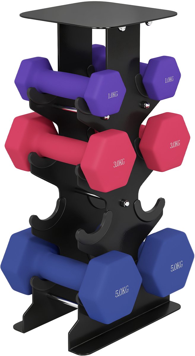 Set van 3 zeshoekige dumbbells met standaard - 2 x 1 kg - 2 x 3 kg - 2 x 5 kg - antislip handgrepen - fitness voor thuis