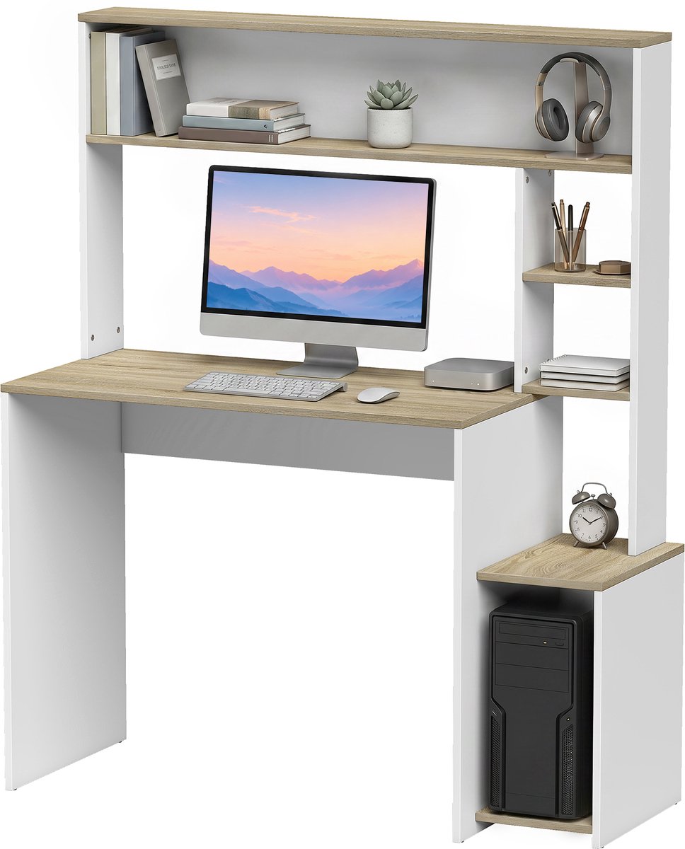 Computerbureau - 114 x 45 x 138 cm - bureau met opbergruimte - open planken en CPU - houder - wit en naturel hout