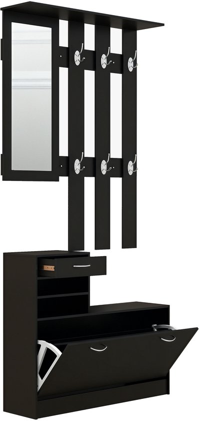 Zwart halmeubel met openklapbare schoenenkast en open lade.