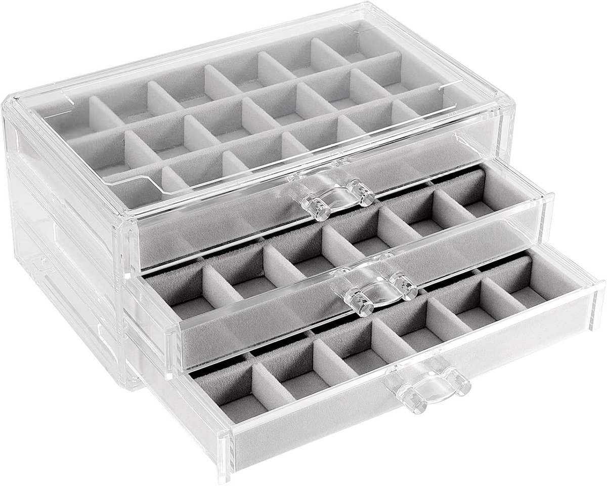 Duidelijke Acryl Sieradenopbergdoos met 3 Lades, Verstelbare Velvet Houder voor Oorbellen, Ringen en Kettingen, Perfect als Cadeau voor Vrouwen en Meisjes, 9.2 x 5.3 x 4.2 inch