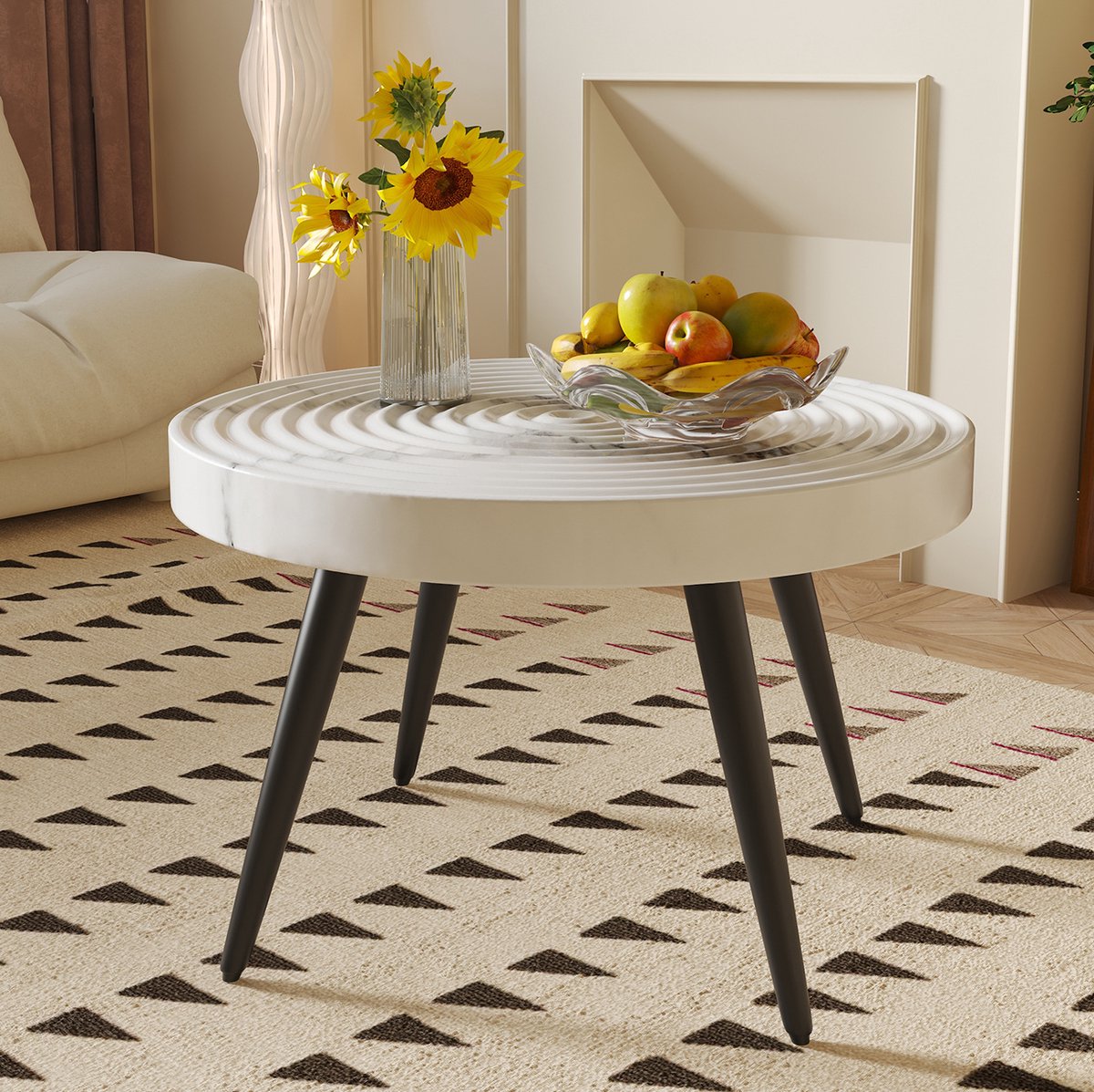 MODENUIT Bijzettafel - Marmorlook Blad Met Jaarring-Rillen - Woonkamer En Kantoor - MDF - Wit - 60 Cm
