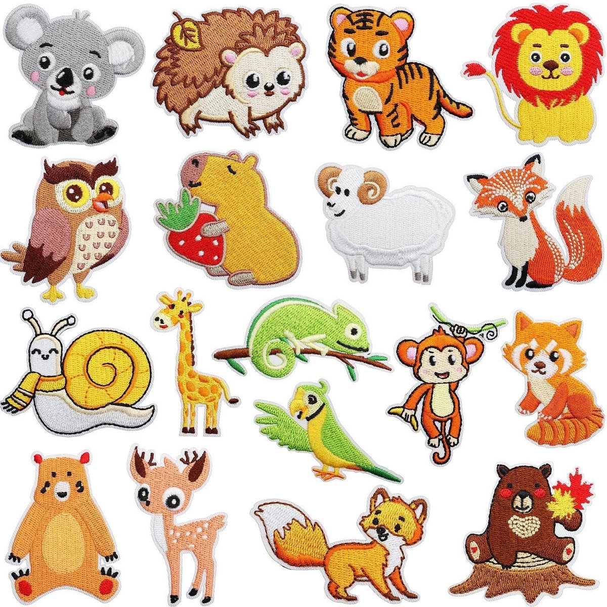 Dieren patches voor strijken - 18 stuks, geborduurde applicaties voor kleding, tassen en hoeden - konijn, giraf, leeuw en koala