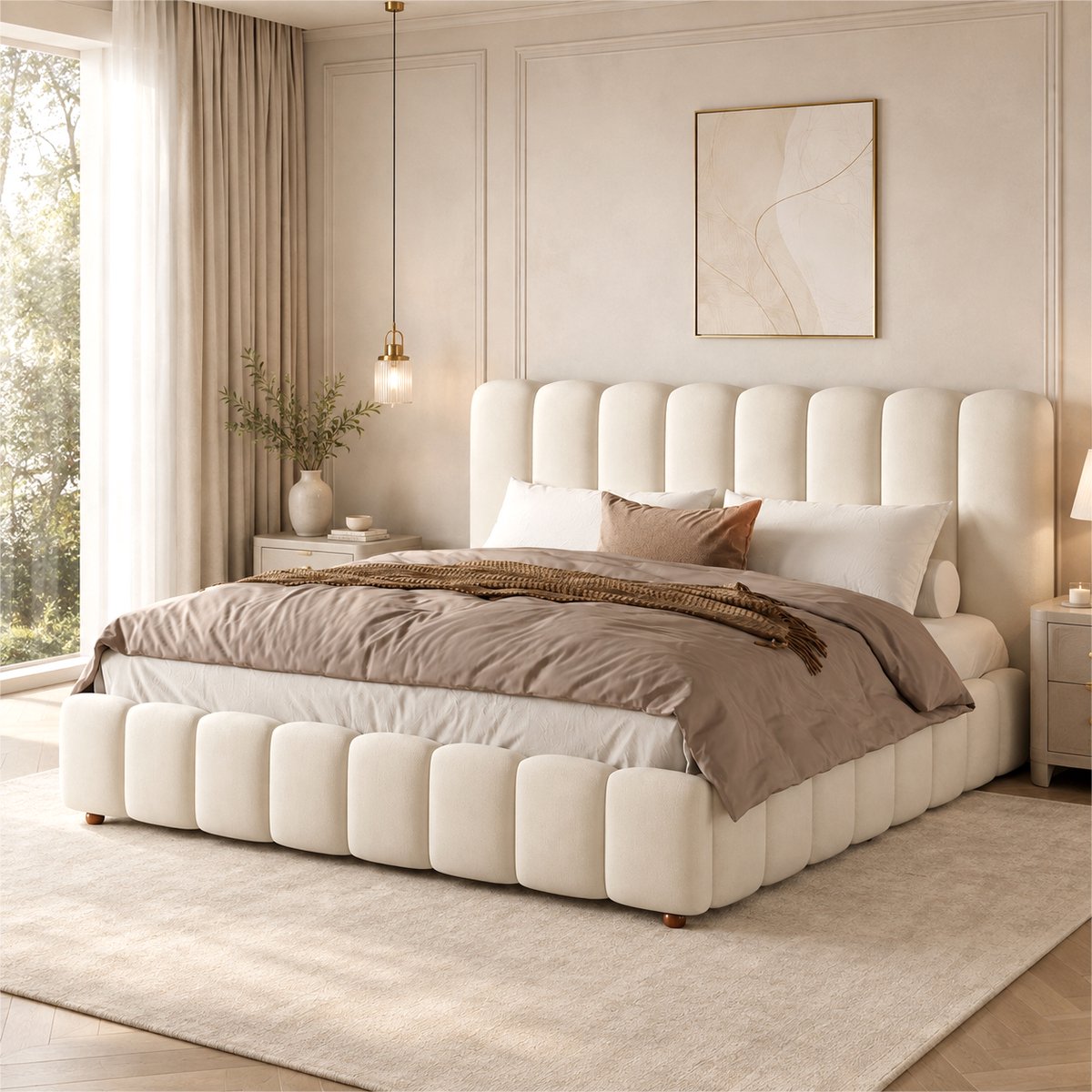 REDOM - Samt Tweepersoonsbed 180x200 cm met hydraulische opbergruimte - Lattenbodem, staalblauw hoofdbord, beige stof