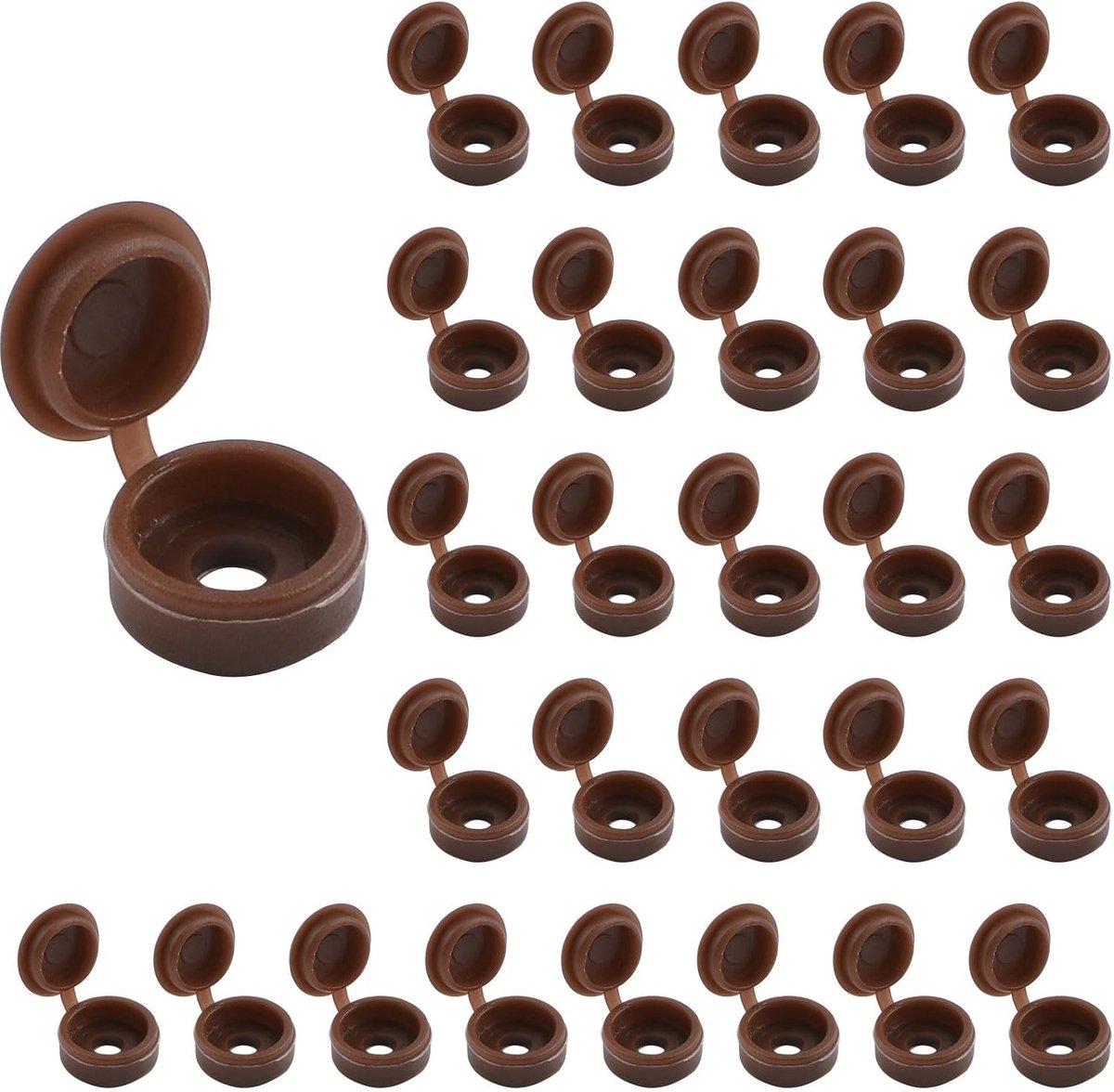 100 Stuks Plastic Schroefdeksels Donkerbruin Assortiment Set met Scharnier en Rubber Stofafdichting voor Meubelbescherming