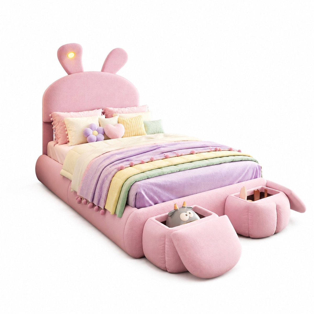 WUVRIE Polsterbed 90x200 cm in roze fluweel met konijnenoren, LED en opberghockers