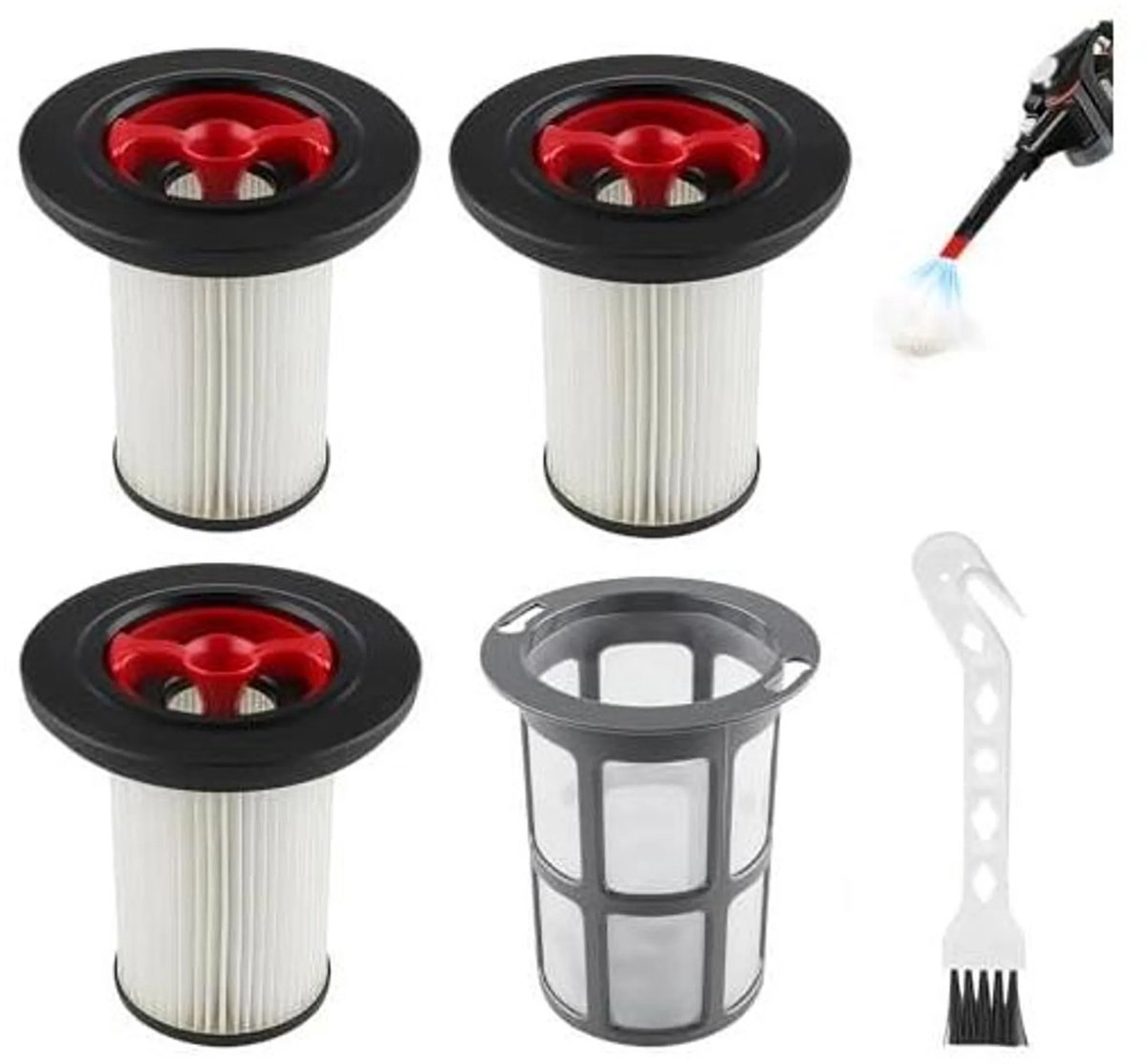 De Geschikt voor Bosch Unlimited Gen2 Serie 8 Stofzuiger 3-delige vervangingsfilterset bevat HEPA-filters Geschikt voor modellen 12036642 en 12023349, één filterdop en één reinigingsborstel.