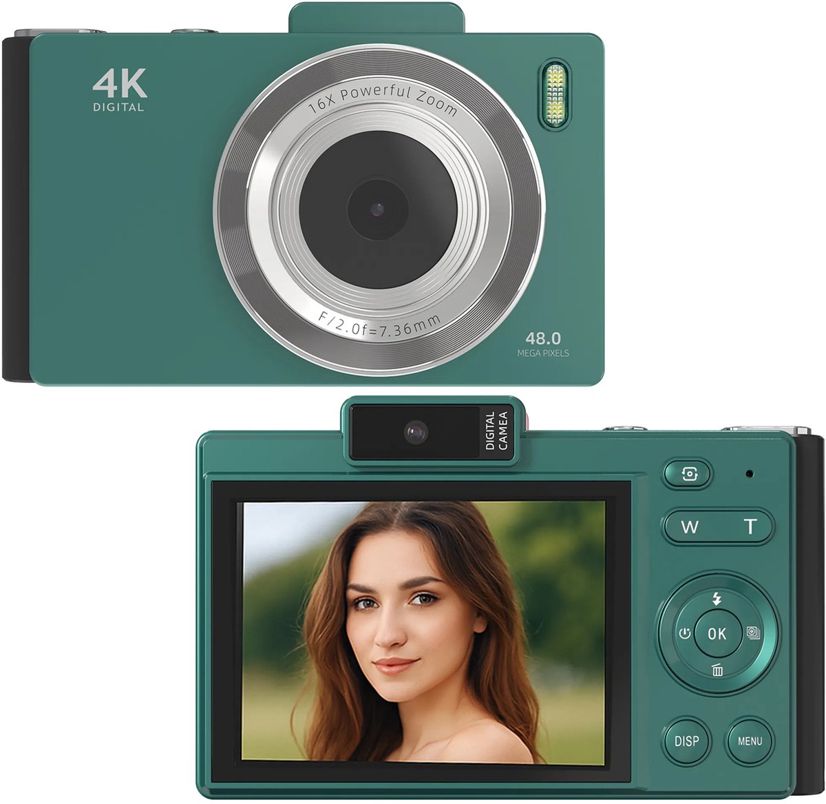 Retro digitale camera met 64 GB opslagruimte, dubbele 48 MP-lens, 2,8-inch IPS-scherm, 16x optische zoom, autofocus, ondersteuning voor OTG en SD-kaarten, groen.