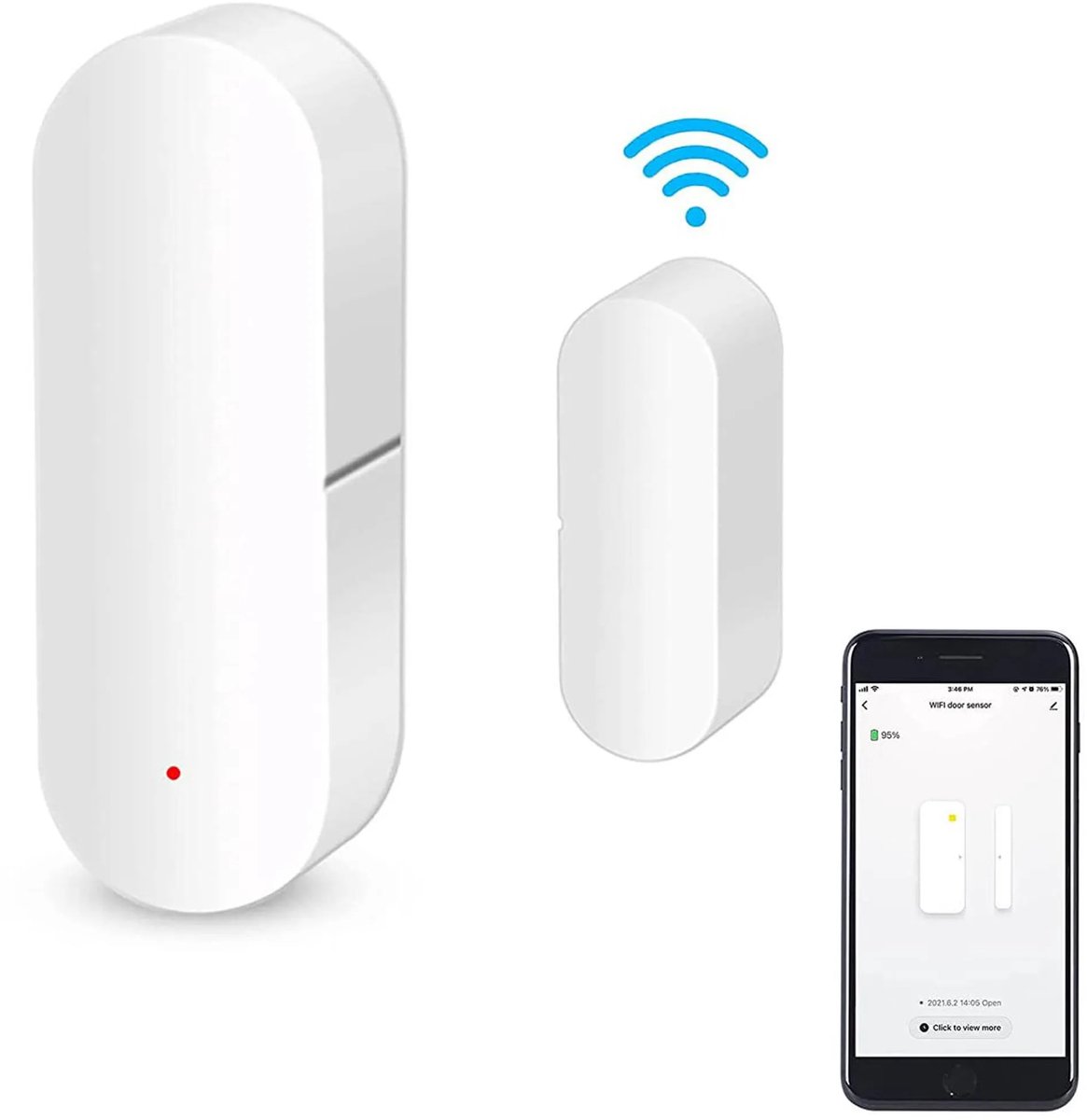 Twee witte wifi-deur- en raamsensoren, gemaakt van hoogwaardig kunststof, beschikken over nauwkeurige magnetische contacttechnologie en geïntegreerde 2,4 GHz wifi-connectiviteit.