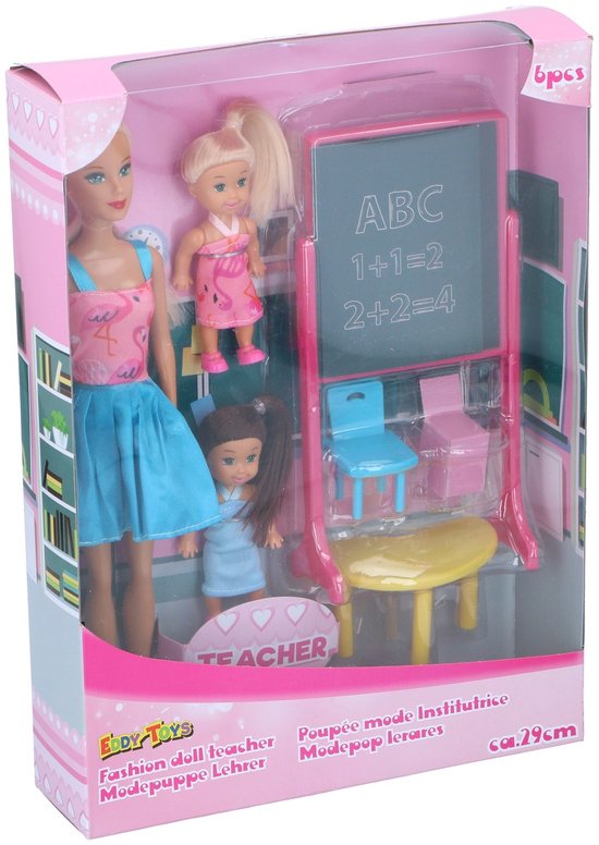 Eddy Toys Set Poppen - Thema School - 1 Grote Pop, 2 kleine Poppen - met Schoolbord, Tafel en Stoeltje - 29 CM van Eddy Toys — afbeelding 4
