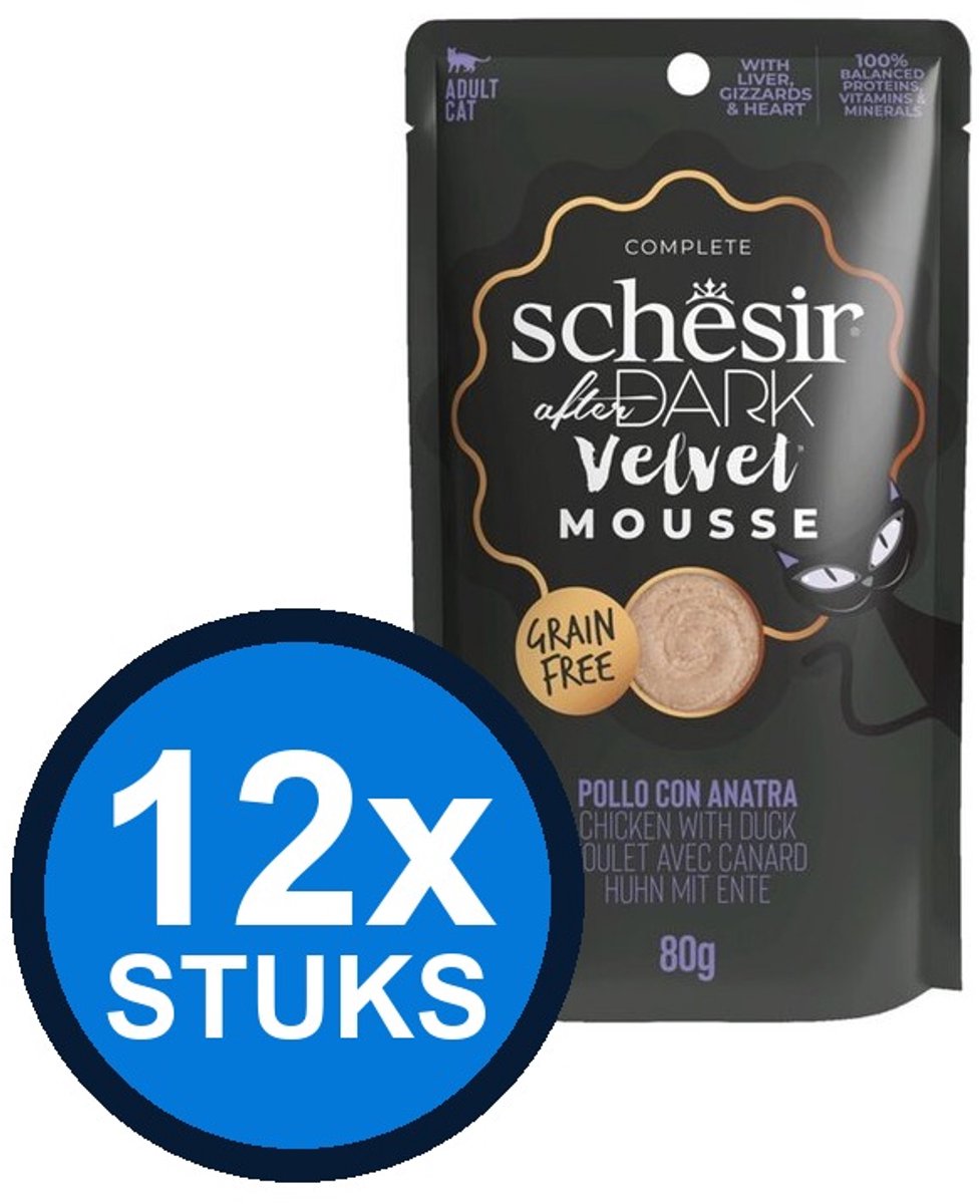 12x Schesir - After Dark Velvet - Kattenvoer - Mousse in zakje - Kip & Eend - 80g