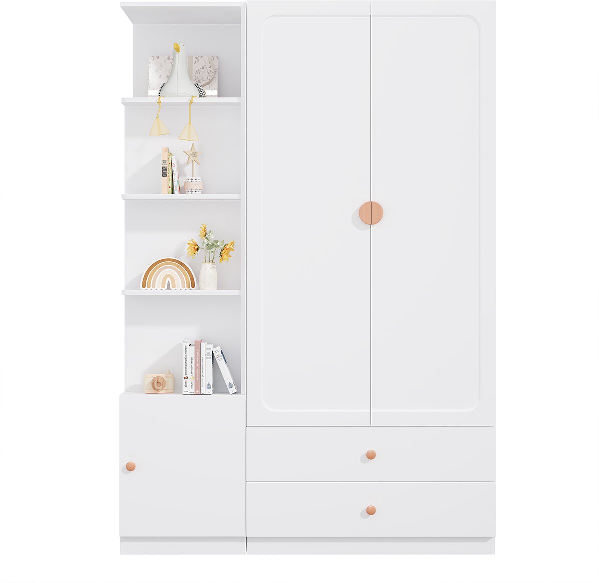 LONG DRAGON - Kledingkast - Wit - Openslaande deuren - 200x135x45 cm, modern met 2 kledingroedes, 2 lades, massief houten handgrepen en ruime opbergruimte voor slaapkamer, kinderkamer, gang en kantoor