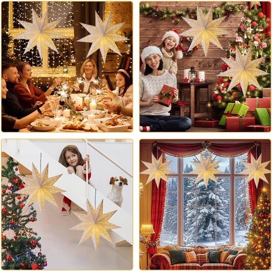 3 stuks 45 cm papieren sterren Kerstmis, lichtgevende sterren, vouwsterren, papieren ster, verlicht om op te hangen, wit, lichtsterren voor ramen — afbeelding 3