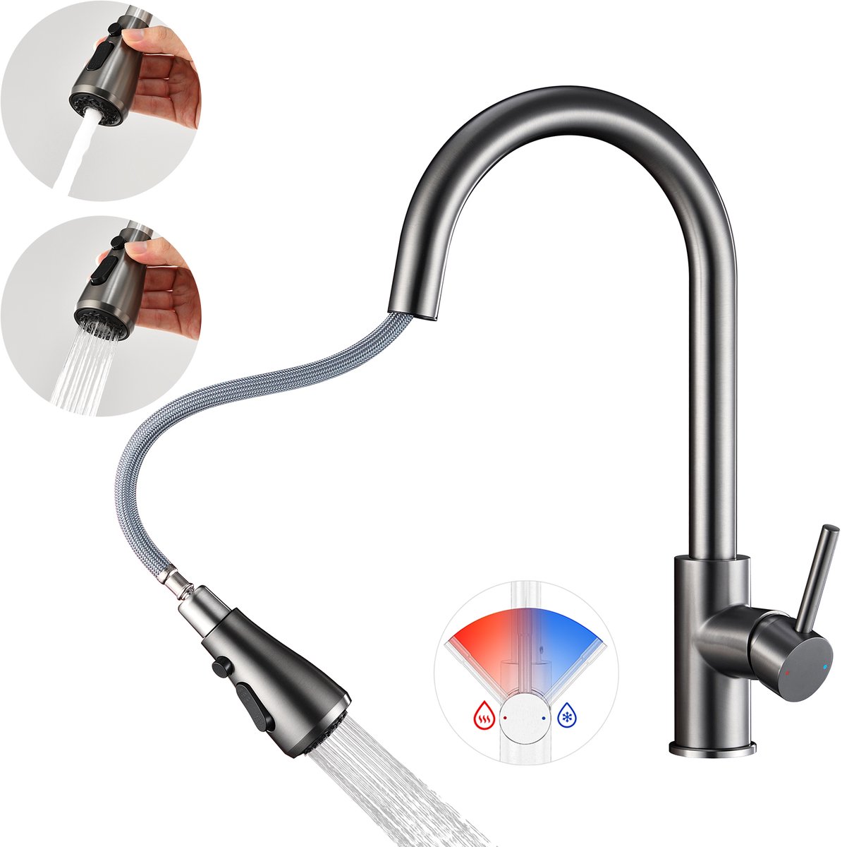 CECIPA Max Keukenkraan met Uittrekbare Uitloop - Handdouche - 2 Waterstraalsoorten - Keukenmengkraan - Grijs(Gun metal)