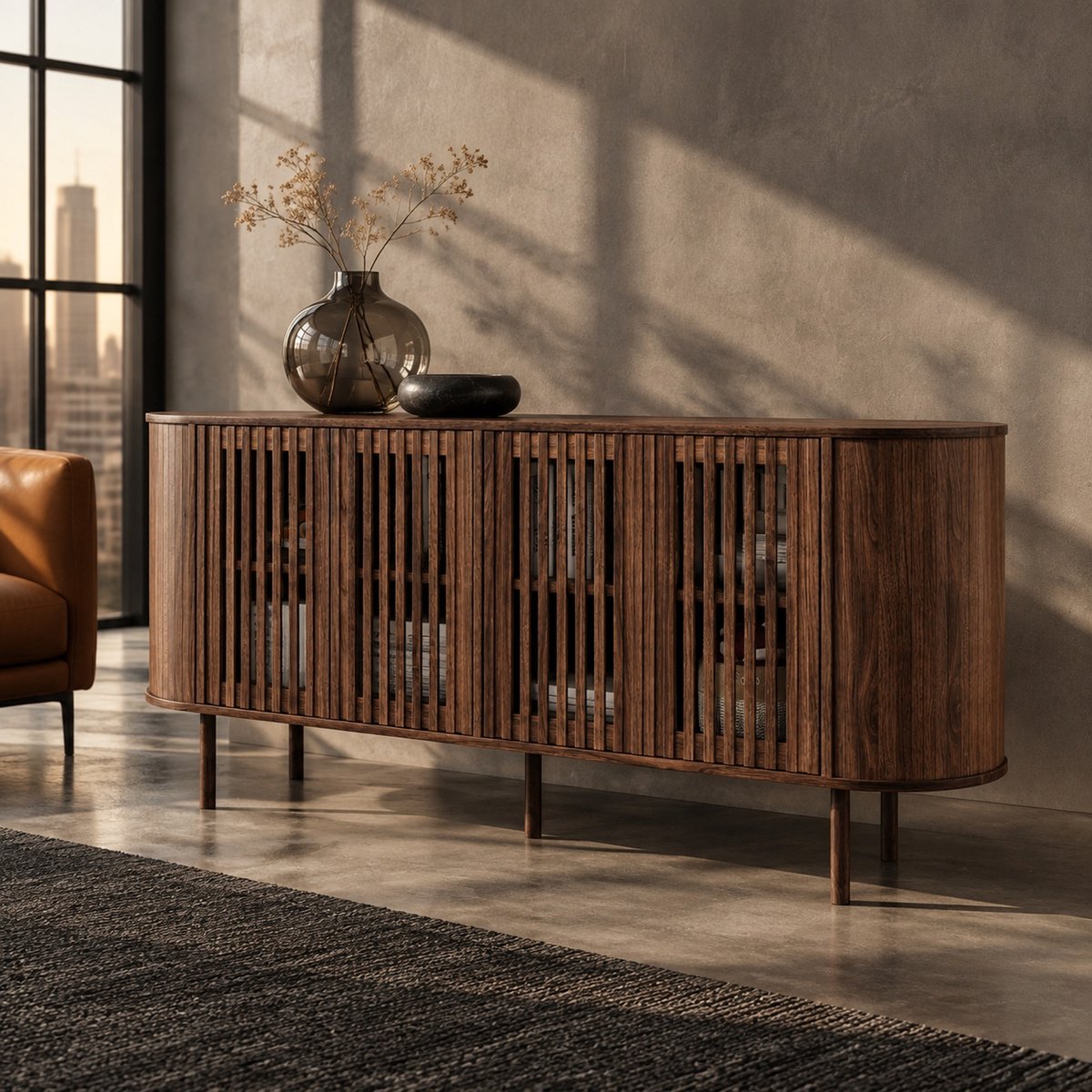 HAUSS SPOLE Dressoir - Moderne Opbergruimte Met 4 Geperforeerde Schuifdeuren - Voor Woonkamer En Eetkamer - MDF - 160x40x70 Cm - Walnootkleur