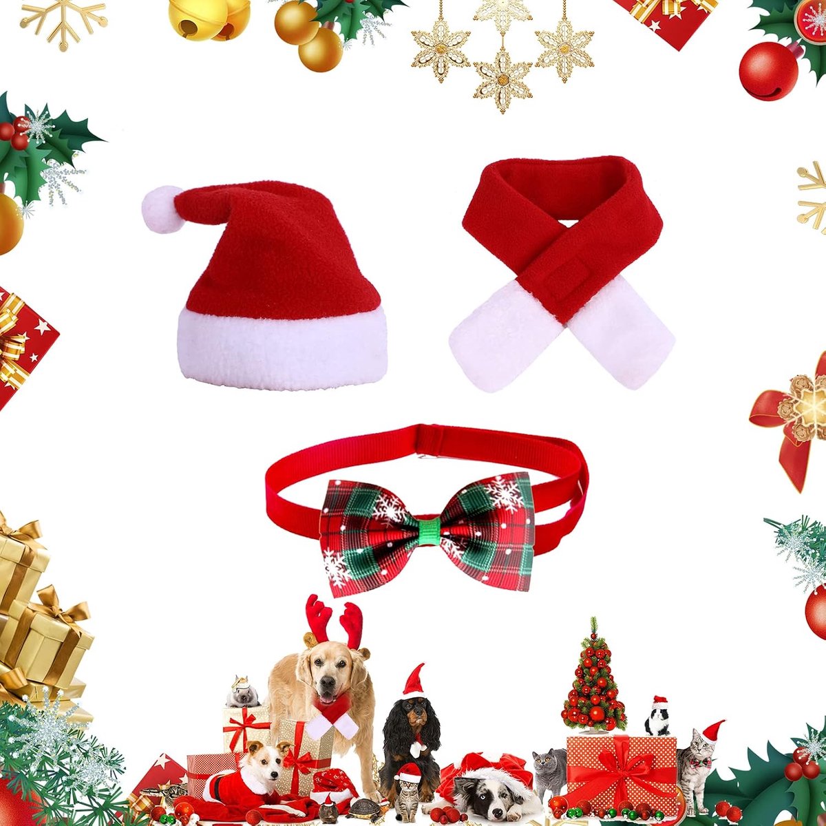 3 Stuks Kerstkostuum Katten Honden, Huisdierkostuum Kerstkleding, Kerstkostuums Voor Huisdieren, Kerstkostuum Voor Katten, Kerstmuts En Kerstsjaal, Voor Kleine Hond Kat