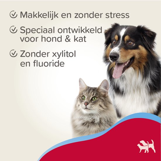 Een Australische herder en een cyperse kat kijken naar de camera. Makkelijk en zonder stress, speciaal ontwikkeld voor hond & kat, zonder xylitol en fluoride.