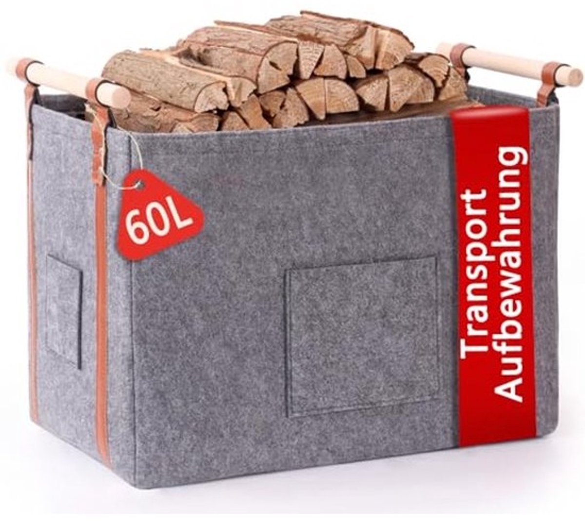 XXL houten mand - Voor haardhout - 60 liter - Vilten tas met houten handvat - Voor opslag en transport