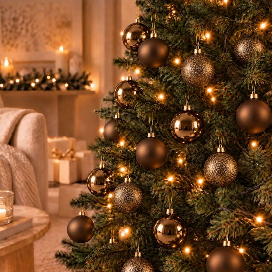 Een kerstboom versierd met bruine kerstballen in glanzende, matte en textuur-afwerkingen met kerstverlichting.