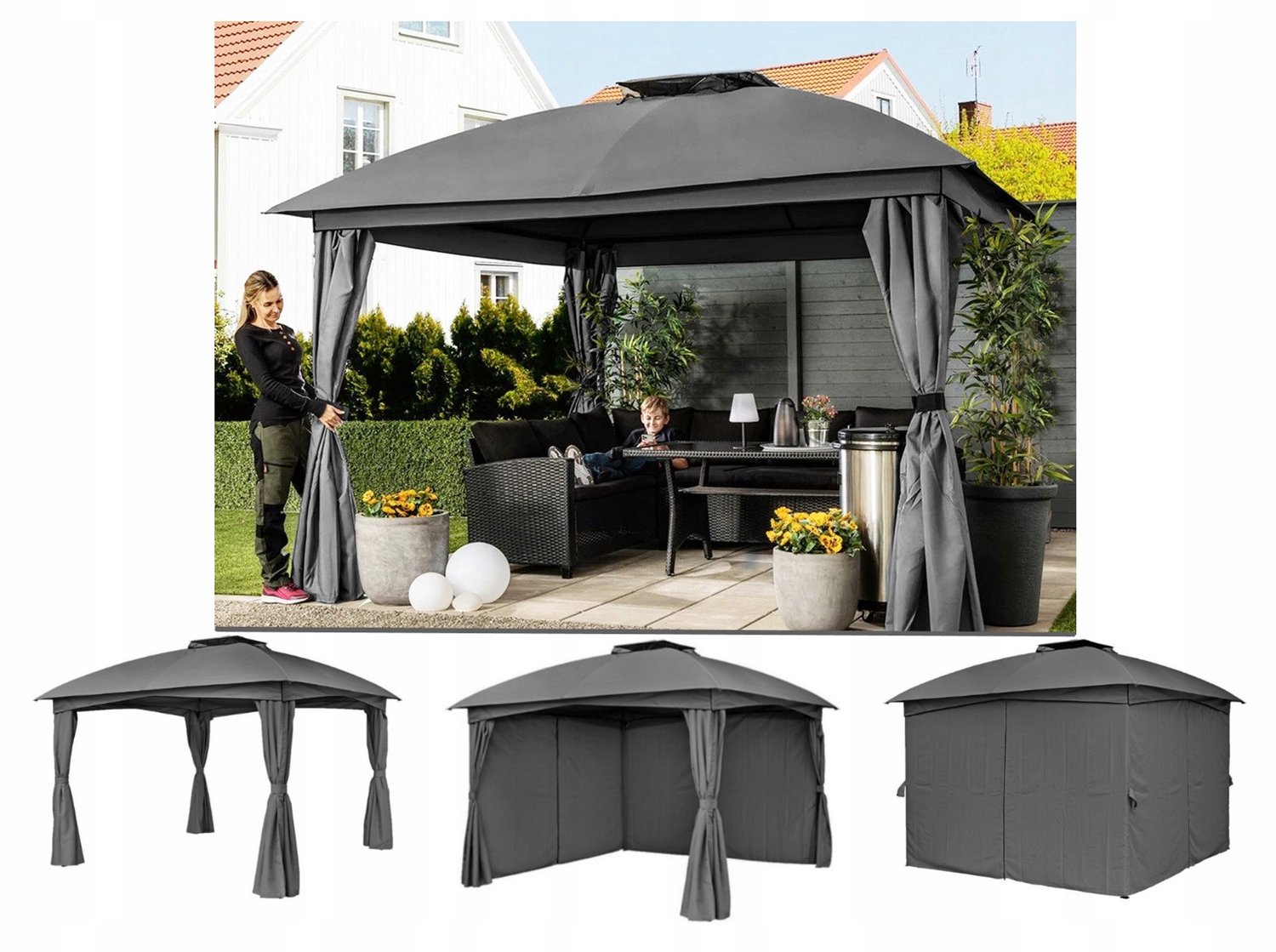 Merkloos Tuinpaviljoen 3.3x3.3m met Zijwanden - Grijs