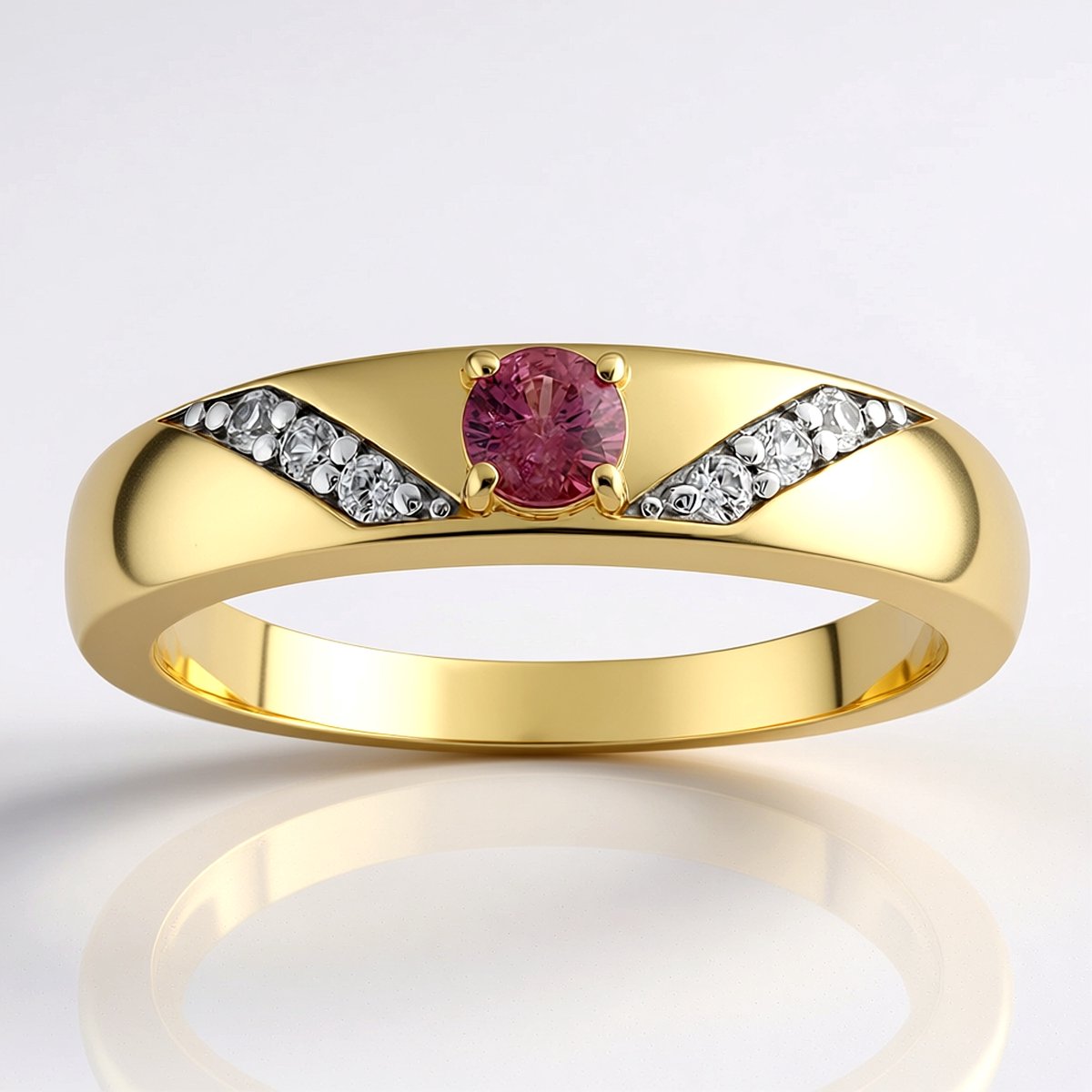 Cavill - 9 Karaat Geelgouden Ring met Padparadscha Saffier 0,179 ct - Ronde Briljant Geslepen - 0,291 ct Zirkonen - Moderne Elegante Damesring