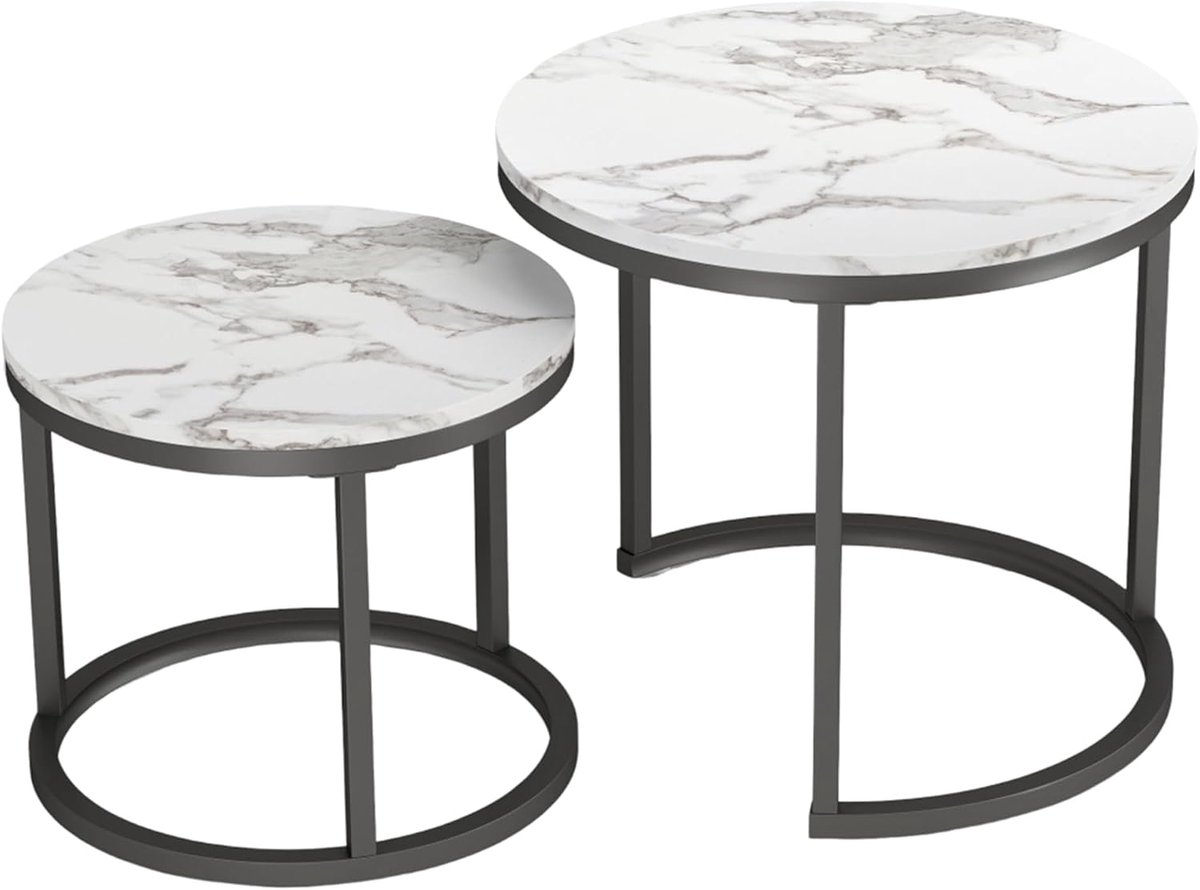 Set van 2, kleine bijzettafel, marmer, salontafel, wit, rond, voor de woonkamer