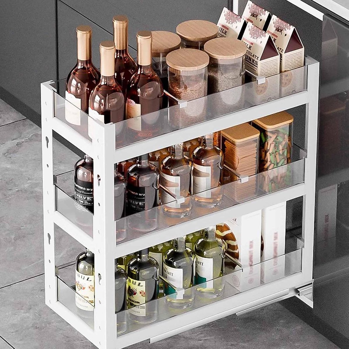 Uittrekbare keukenkast ingebouwde smalle kast kruidenmand met versterkt glas 3 tier plank kleine schuifladen voor kasten