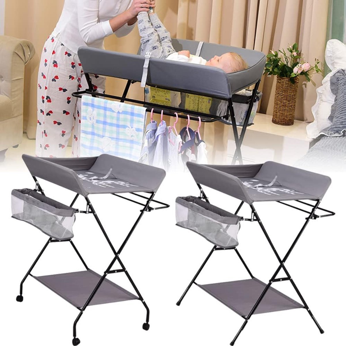 Mobiele badcommode opvouwbaar, opvouwbare commode mobiele commode met aankleedkussen, smal, veiligheidsgordel en opbergvakken (lichtgrijs)