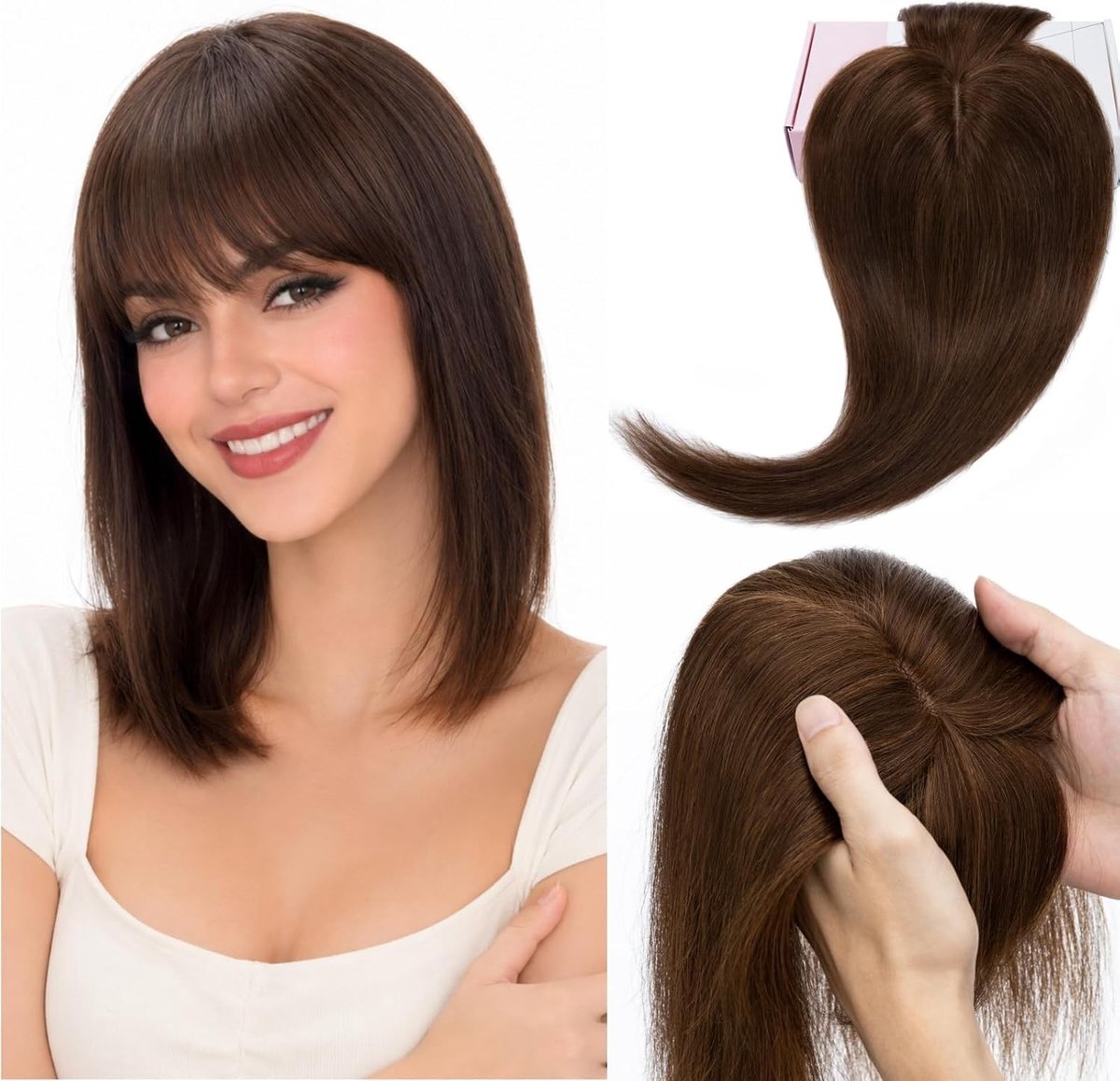 Clip-In Ponytail met Franje voor Vrouwen - 360° 3D Dekking, Remy Menselijk Haar, 45 cm #4 Medium Bruin