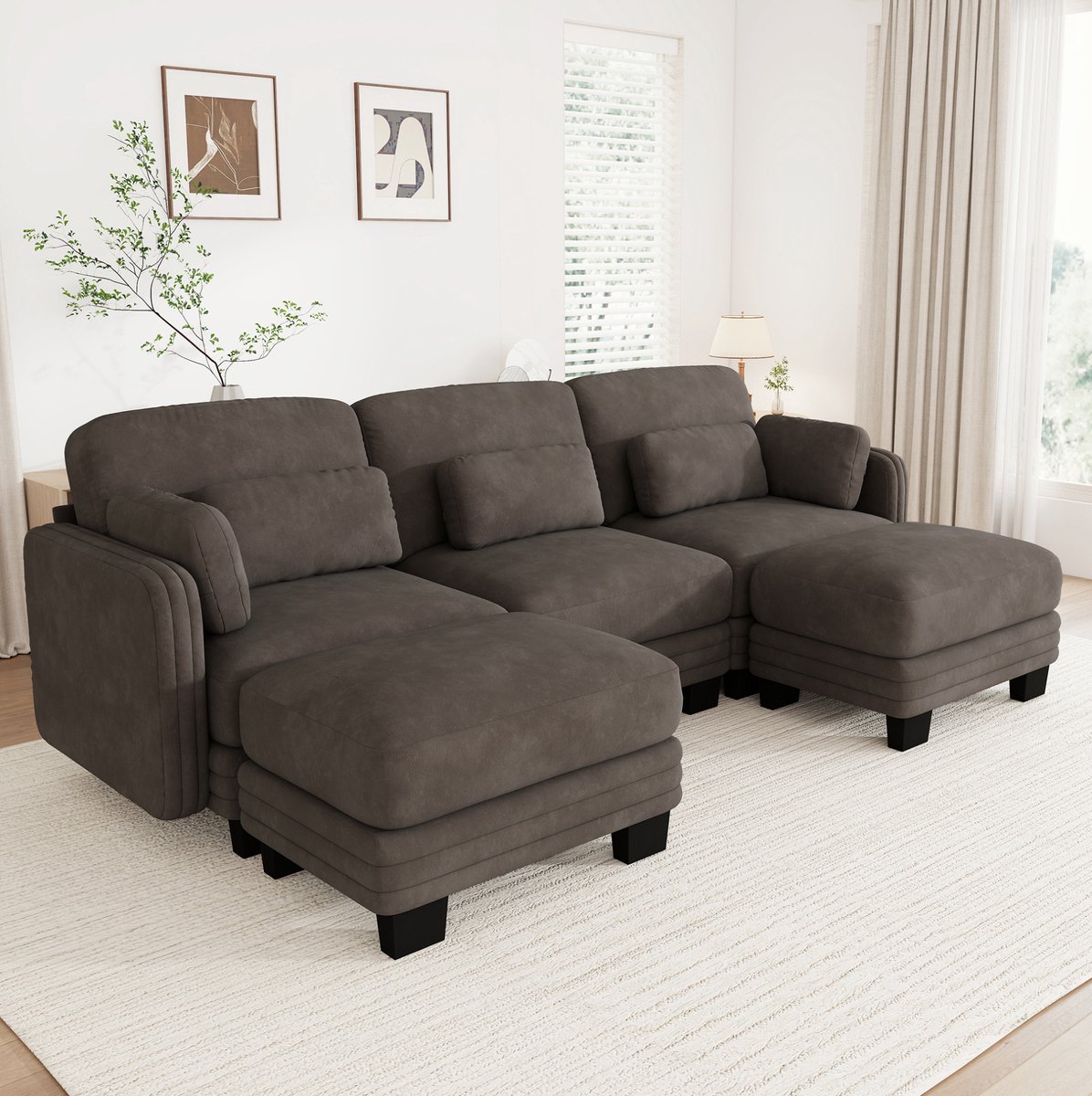 REDOM U-bank - 3 zitplaatsen - Modulaire opbouw - Chenille bekleding - 2 ottomanen - Houten frame - Bruin - 253 x 143 x 88 cm