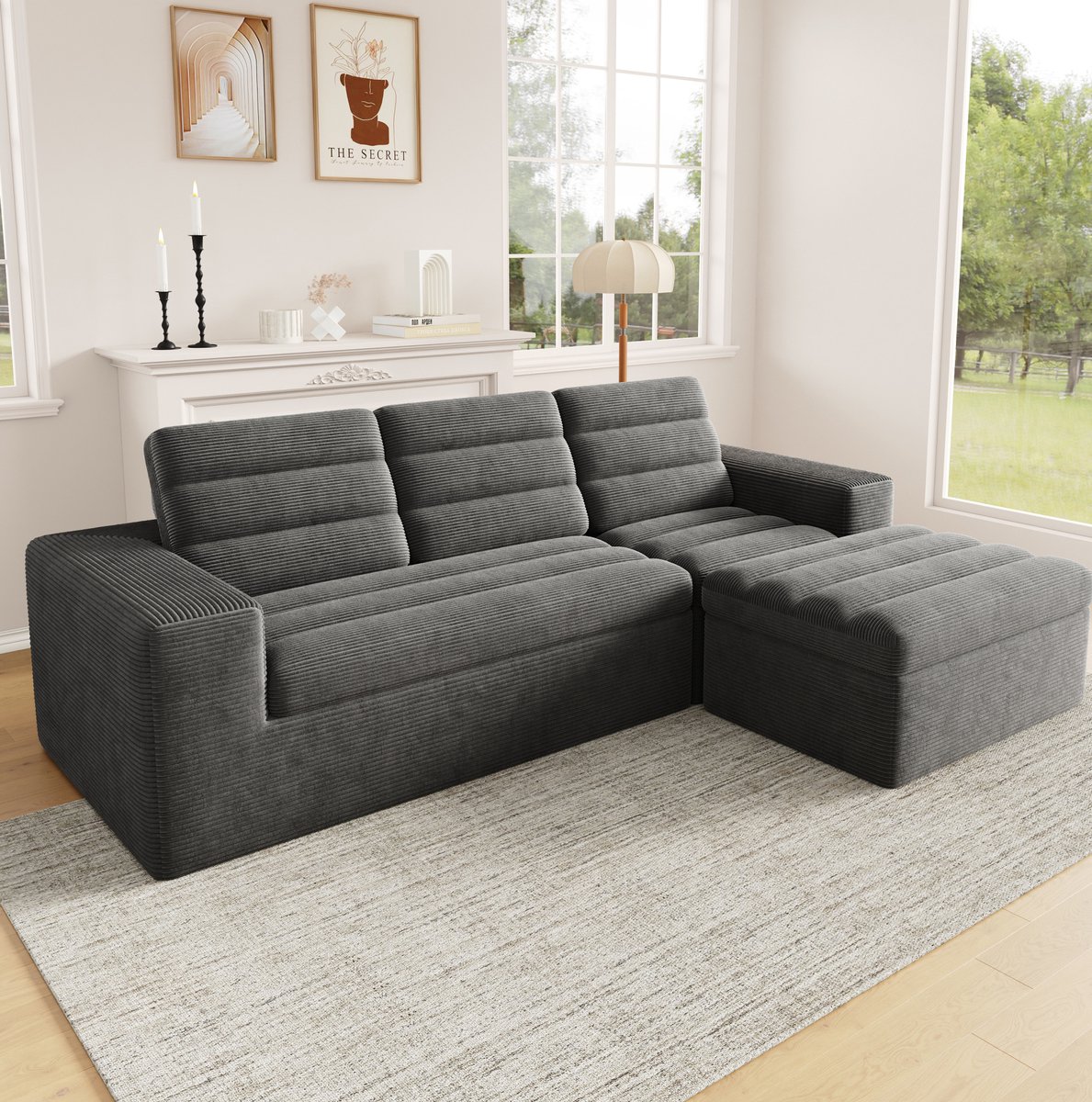 REDOM Hoekbank - 4-zits - Modulair L-vormig ontwerp - Frameloze constructie - Inclusief hocker - Design - Woonkamer en appartement - Corduroy - Donkergrijs - 253 x 161 x 89 cm