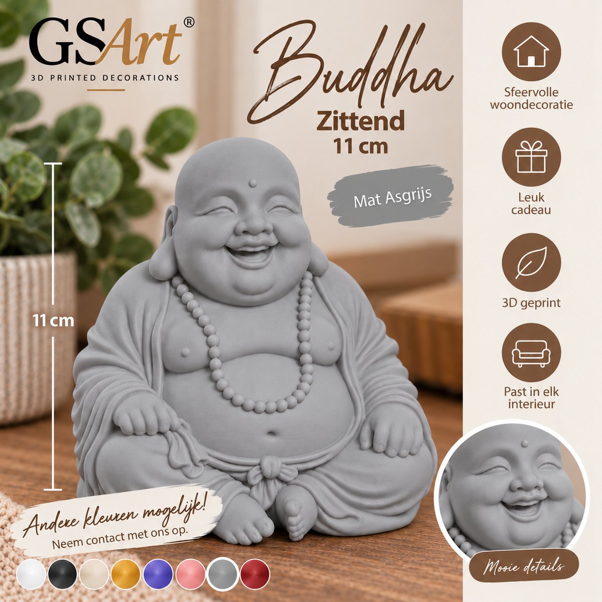 GSArt Decoratief Beeld Buddha Zittend – 11 cm – 3D Geprint Boeddha Beeld – Woondecoratie - Mat Asgrijs